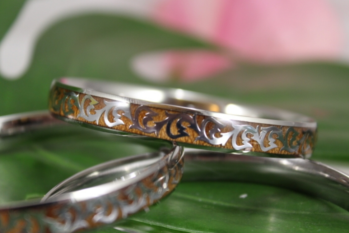 Koa Scroll Fish Hook Stainless Steel Bangle closeup