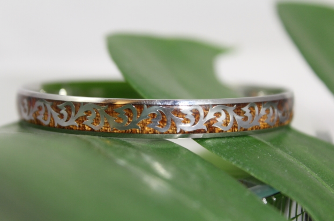 Koa Scroll Fish Hook Stainless Steel Bangle closeup