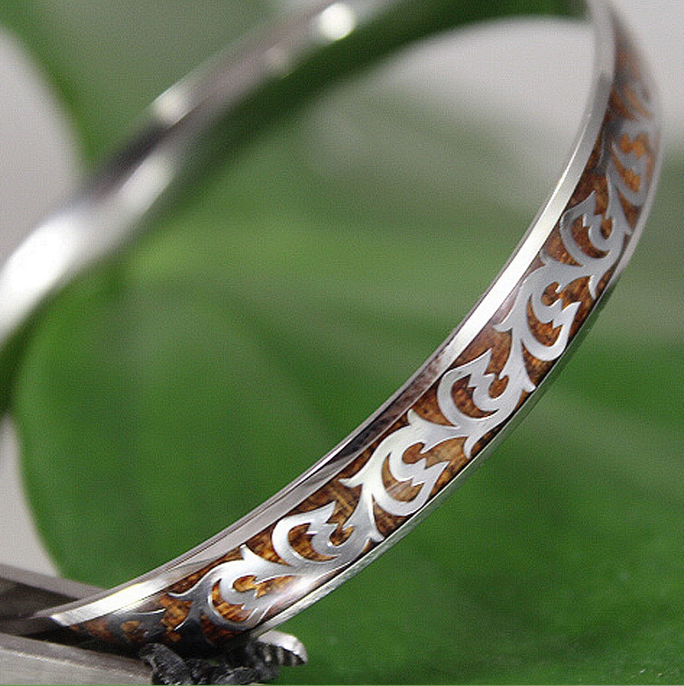 Koa Scroll Fish Hook Stainless Steel Bangle closeup