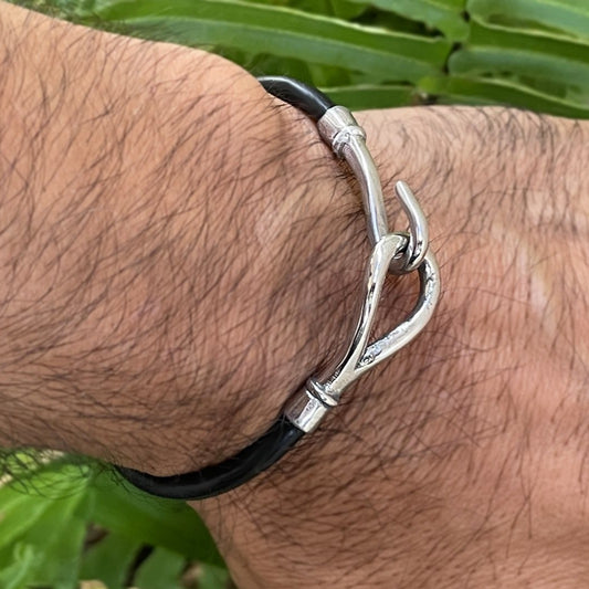 Leather and Silver Fish Hook Bracelet