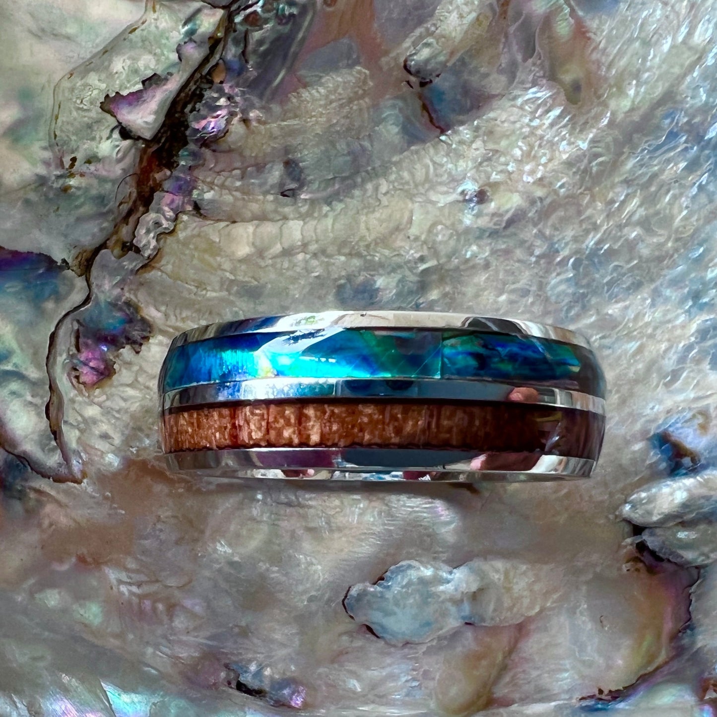 La`au Stainless Steel Paua Shell & Wood Ring