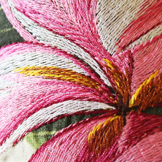 Tropical Flowers Embroidered Pillow Pink Plumeria Closeup