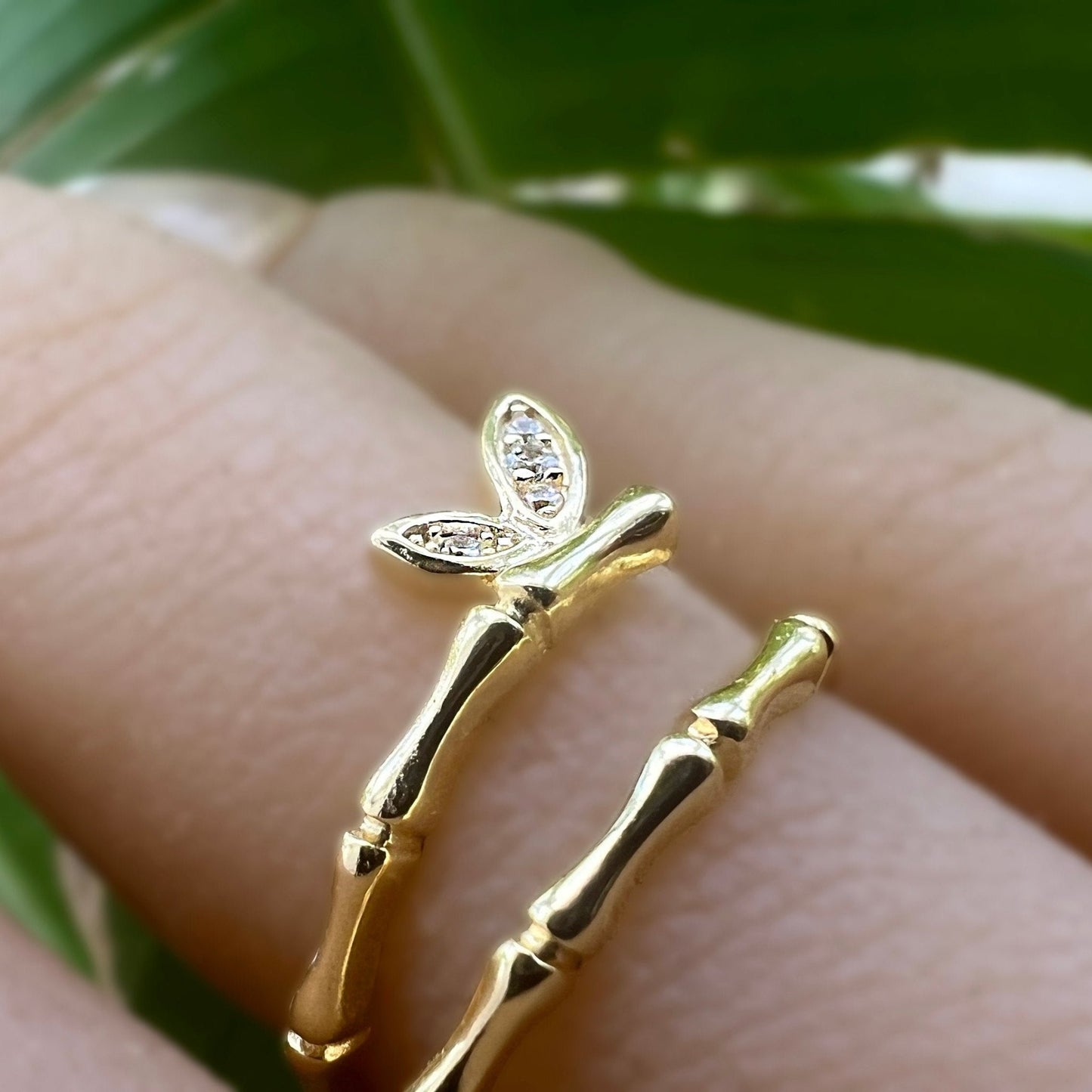 Bamboo CZ Butterfly Adjustable Ring