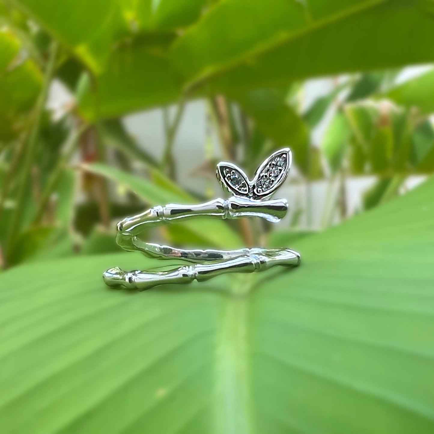 Bamboo CZ Butterfly Adjustable Ring