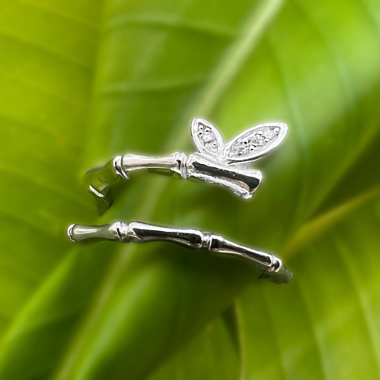 Bamboo CZ Butterfly Adjustable Ring