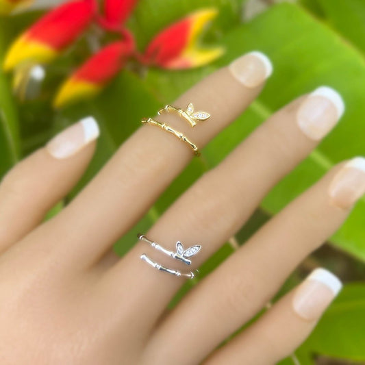 Bamboo CZ Butterfly Adjustable Ring