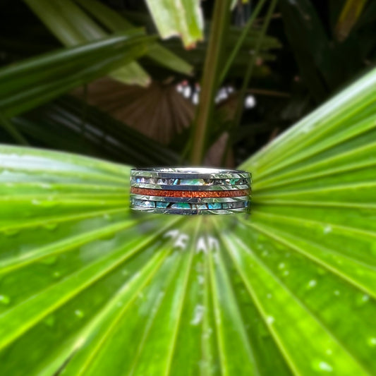 Double Mother of Pearl & Koa Wood Tungsten Ring