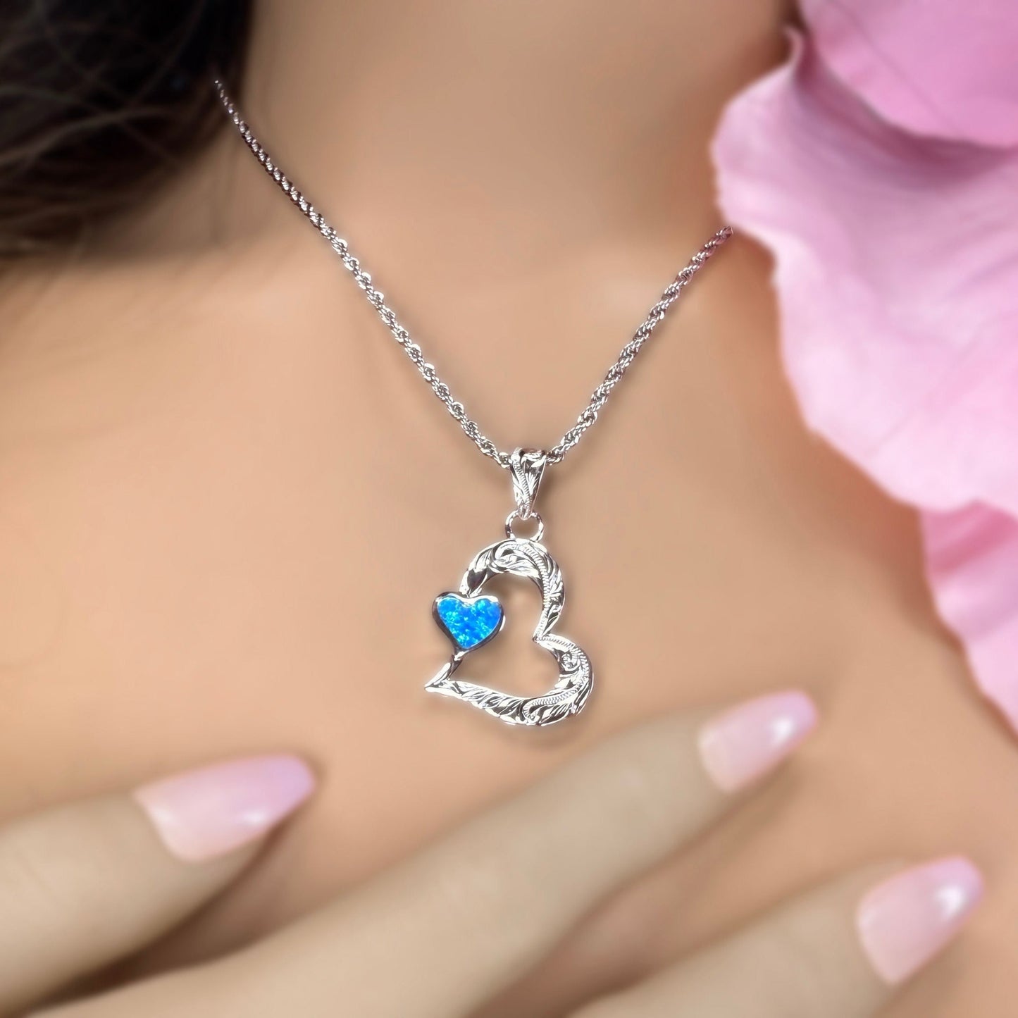 ʻElua Double Heart Opalite Hawaiian Scroll Pendant