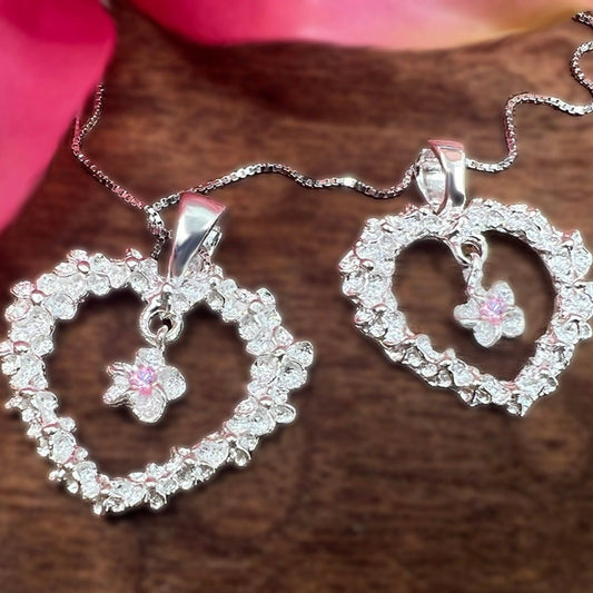 Flower Lei Heart Pendant w/Pink CZ Plumeria Flower
