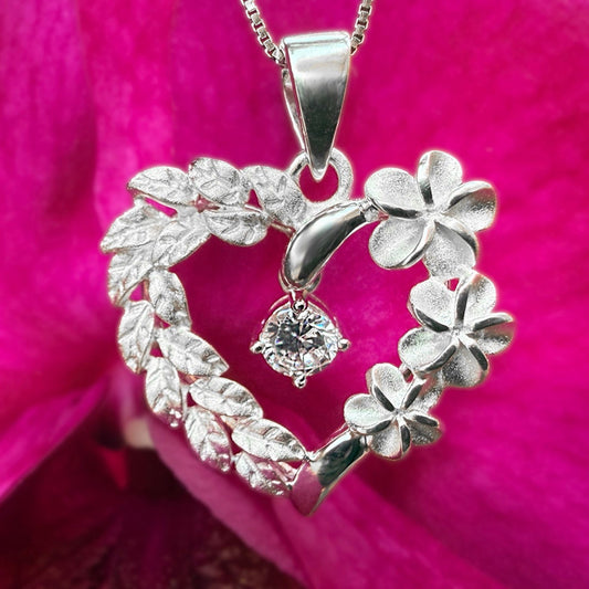 Maile Plumeria Cubic Zirconia Heart Pendant