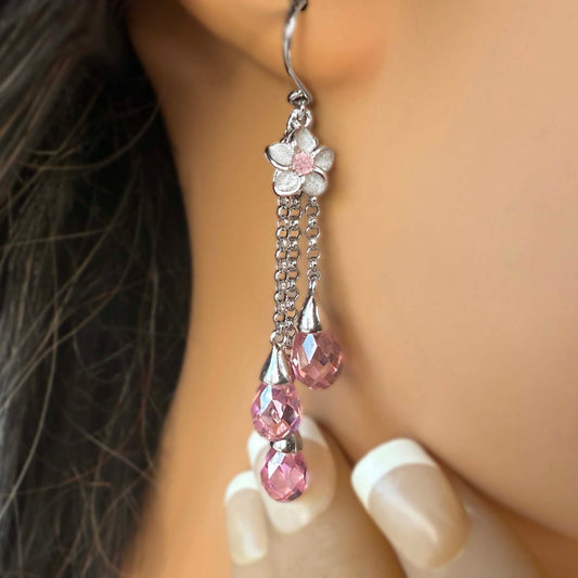 Hawaiian Scroll Plumeria CZ Ekolu Dangle Earrings