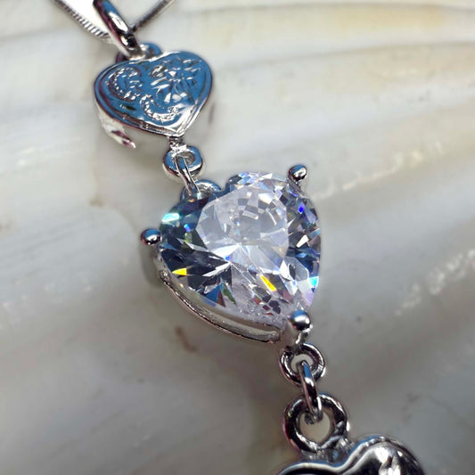 Hawaiian Scroll Plumeria CZ Pu'uwai 3 Heart Pendant