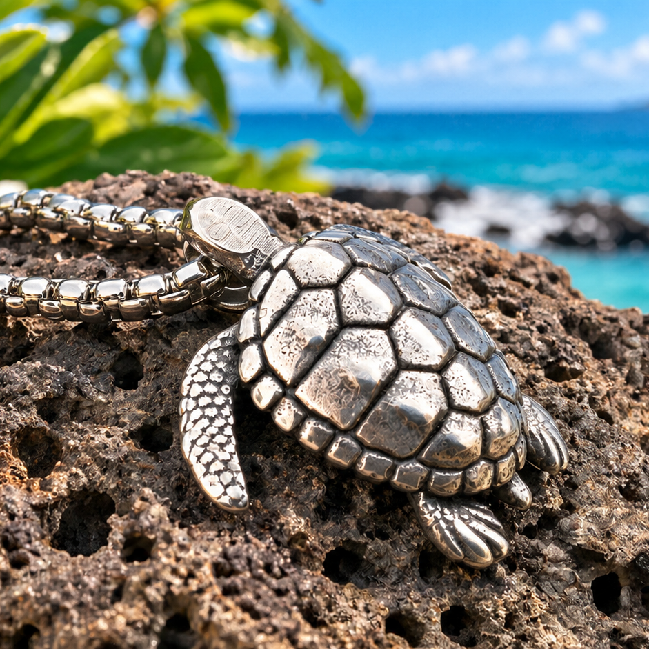 A silver-toned turtle pendant necklace resting on a textured volcanic rock, with a blurred tropical beach and ocean background.