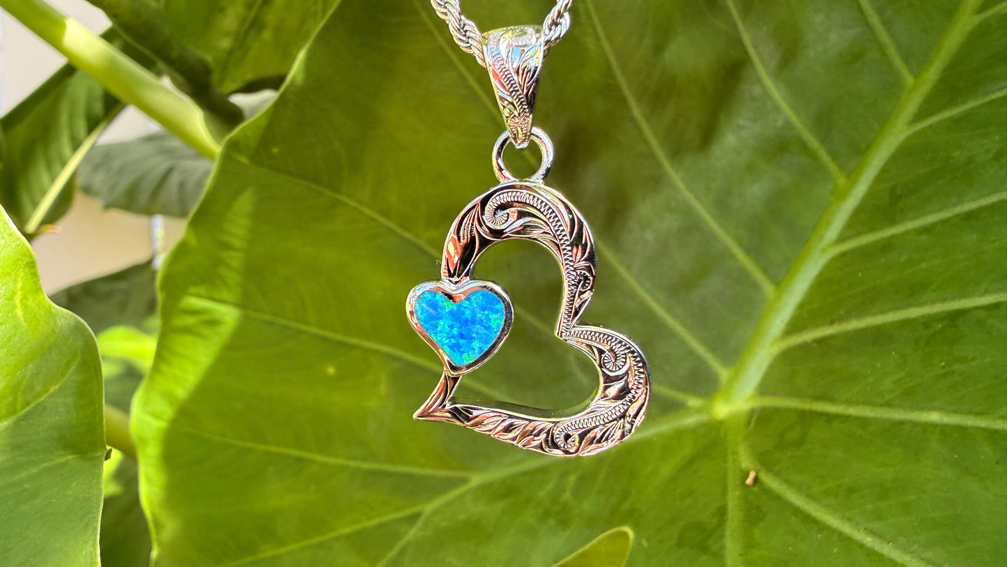 ʻElua Double Heart Opalite Hawaiian Scroll Pendant