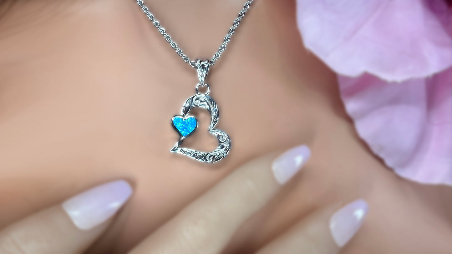 ʻElua Double Heart Opalite Hawaiian Scroll Pendant