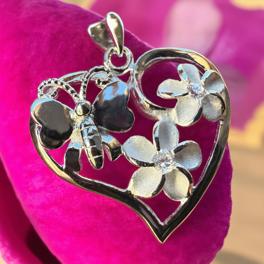 Plumeria Butterfly Heart CZ Pendant