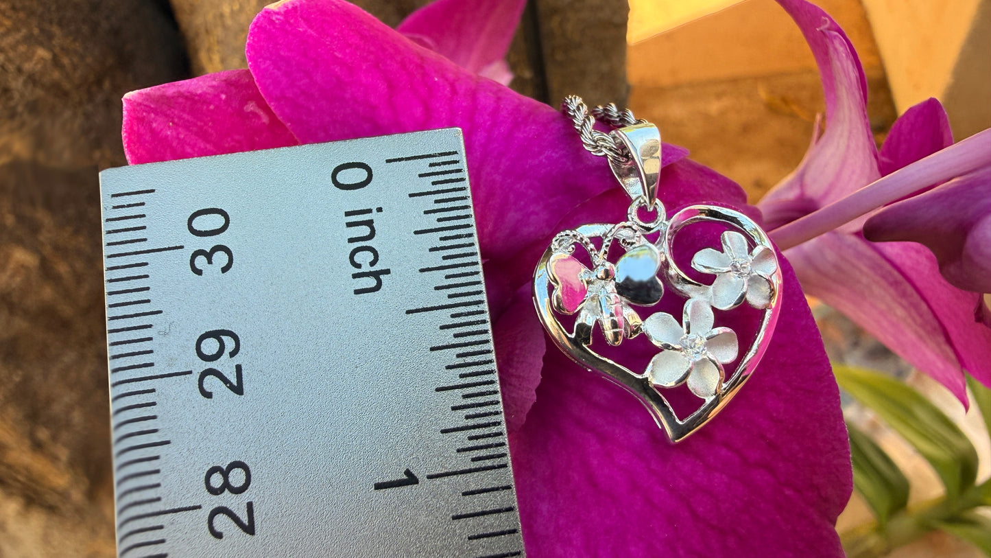 Plumeria Butterfly Heart CZ Pendant