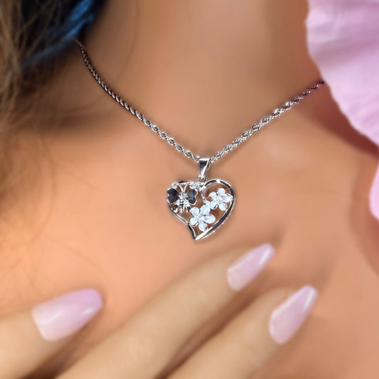 Plumeria Butterfly Heart CZ Pendant