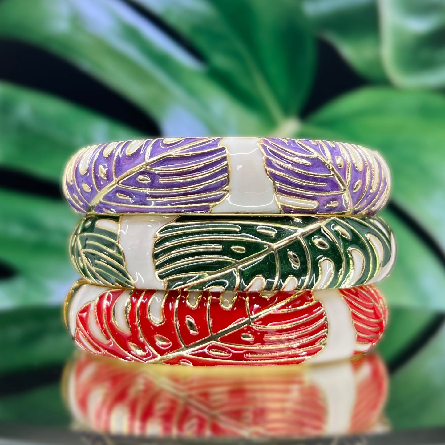 Maika`i Monstera Leaf Enameled Bangle (Set of 3)