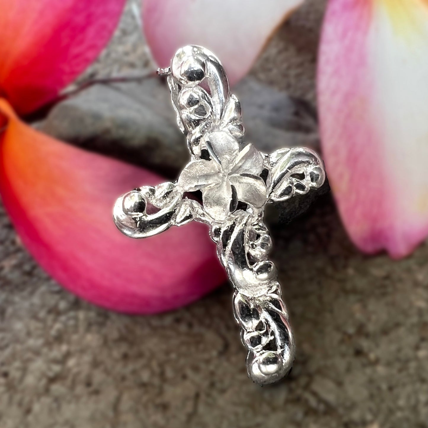 Plumeria Flower Swirl Cross w/18” Chain