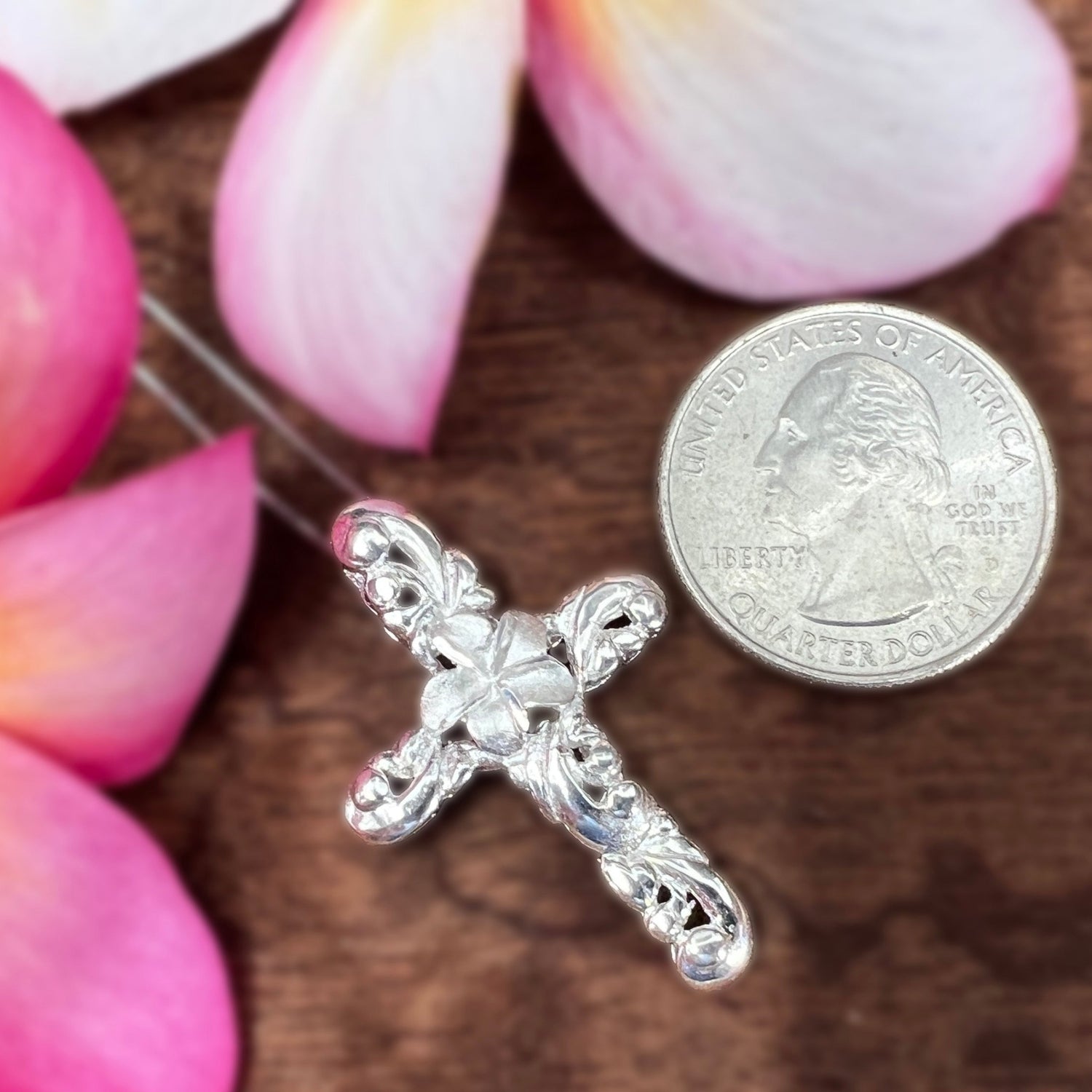 Plumeria Flower Swirl Cross w/18” Chain