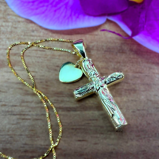Hawaiian Scroll Cross w/ Heart Charm