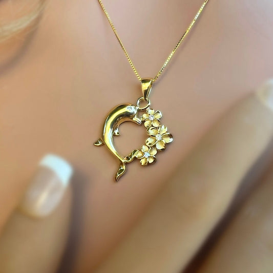 Nai'a Dolphin Plumeria CZ Heart Pendant