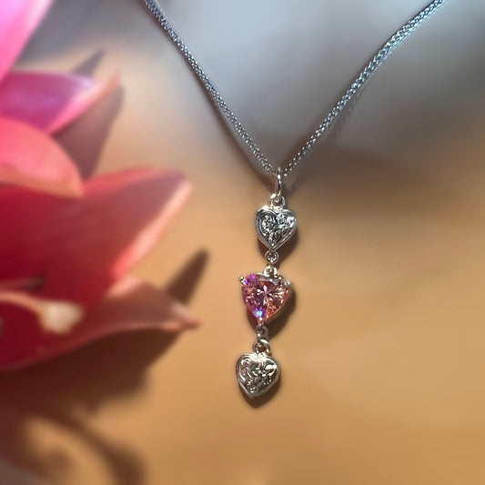 Hawaiian Scroll Plumeria CZ Pu'uwai 3 Heart Pendant