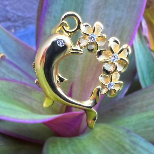 Nai'a Dolphin Plumeria CZ Heart Pendant