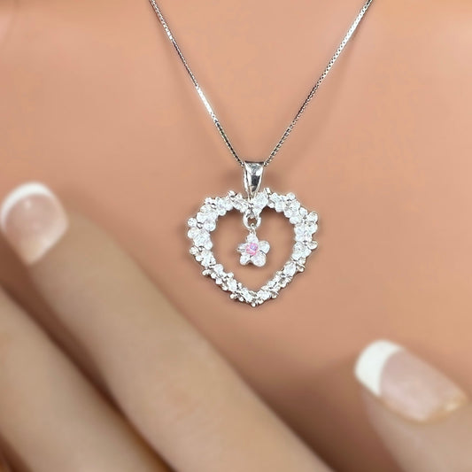 Flower Lei Heart Pendant w/Pink CZ Plumeria Flower