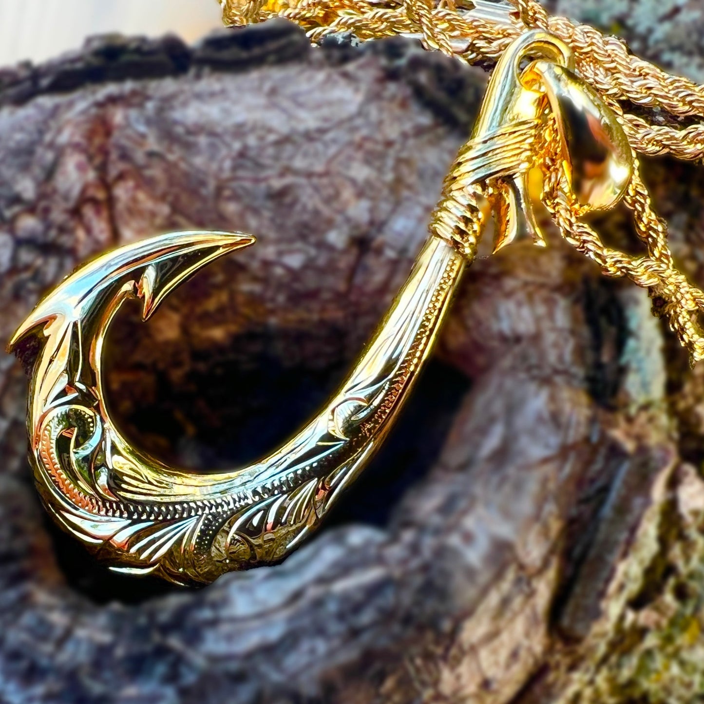 Koa Wood Hawaiian Wave Fish Hook Yellow Gold Plated Brass Reversible P –  Mau Loa Jewelry