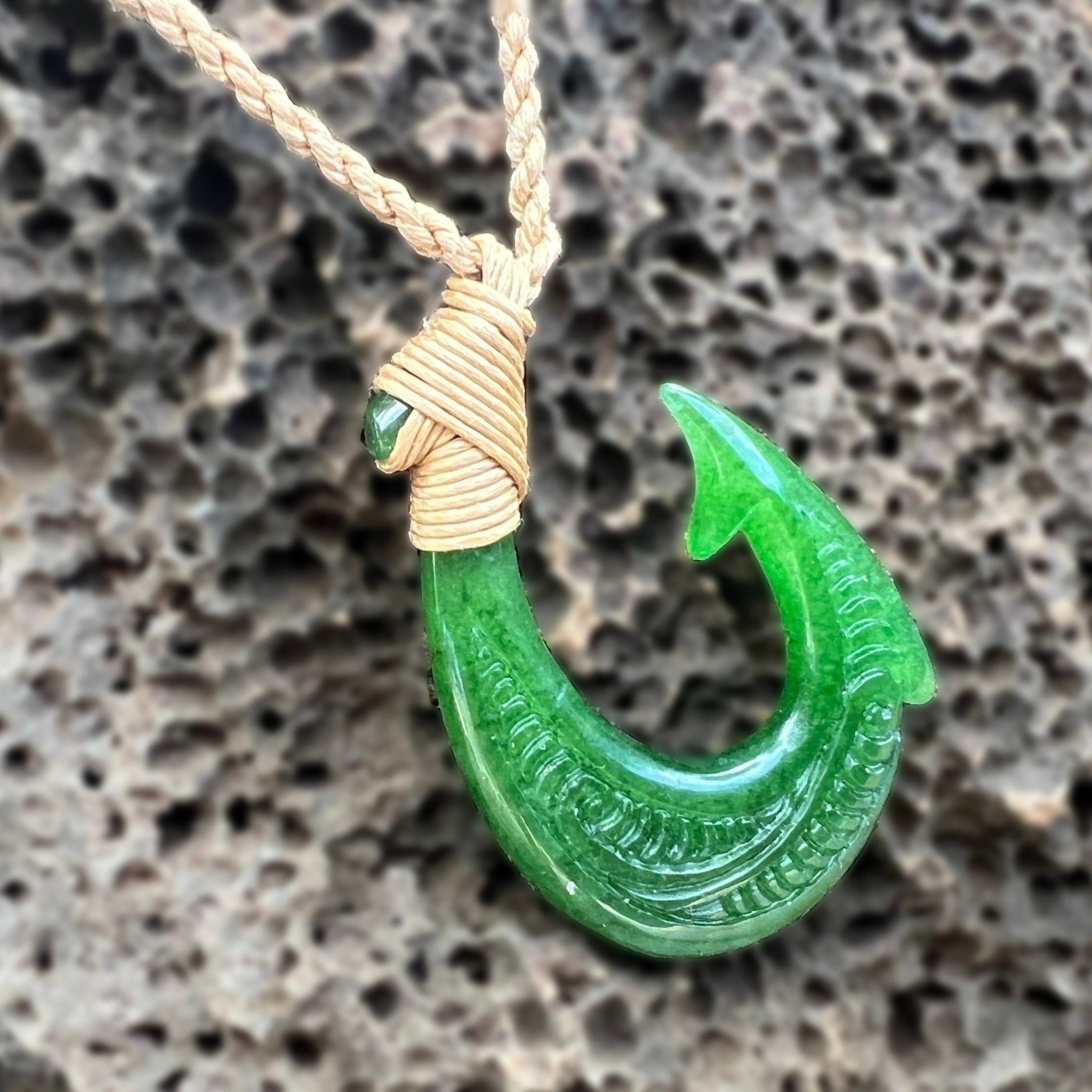 carved jade fish hook Tribal Pendant 3.75mm Rope Chain Jade Fish Hook Necklace w/
