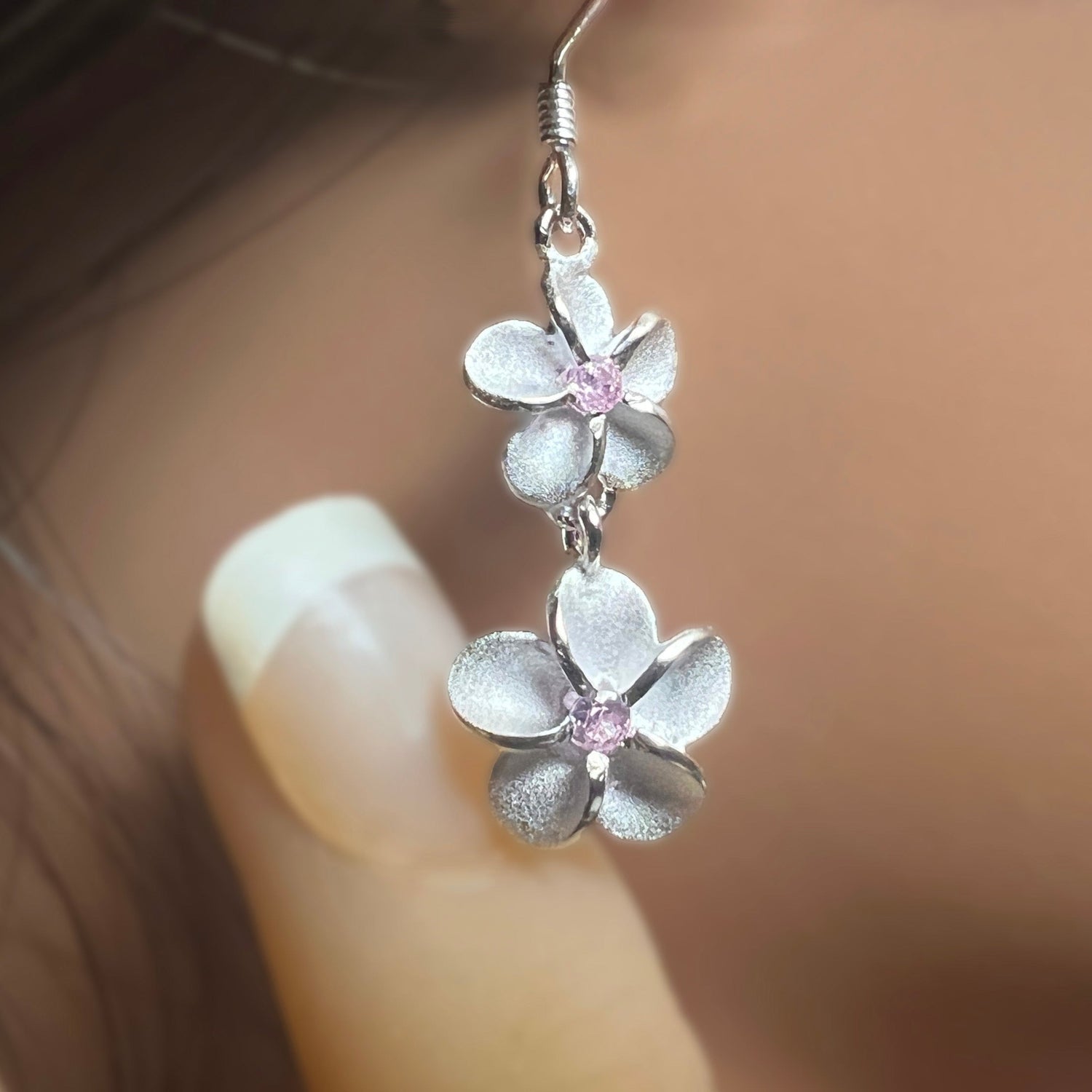 Plumeria White Fire Opal Silver Dangle Drop Earrings – Lab-Created Flower Jewelry