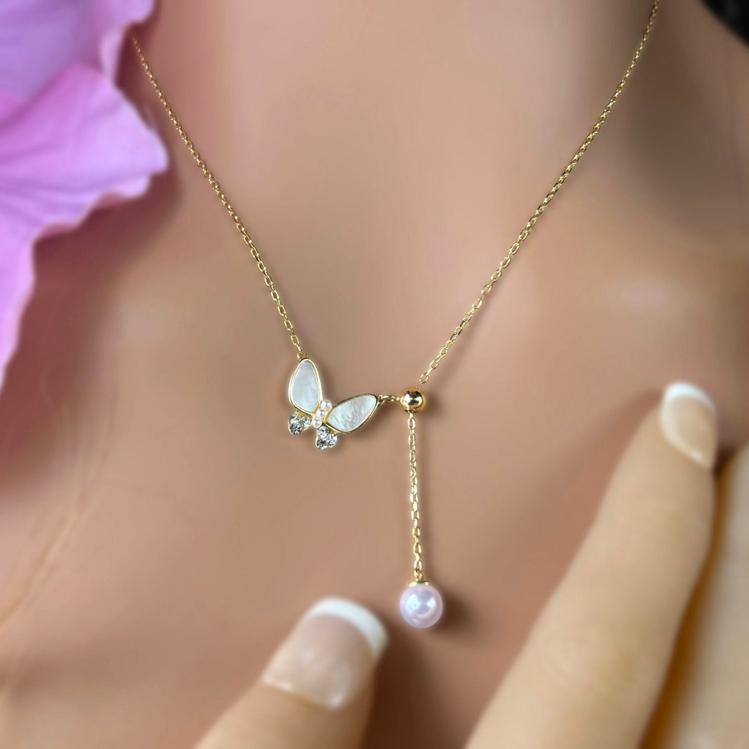 Butterfly Lariat Pearl Necklace 2