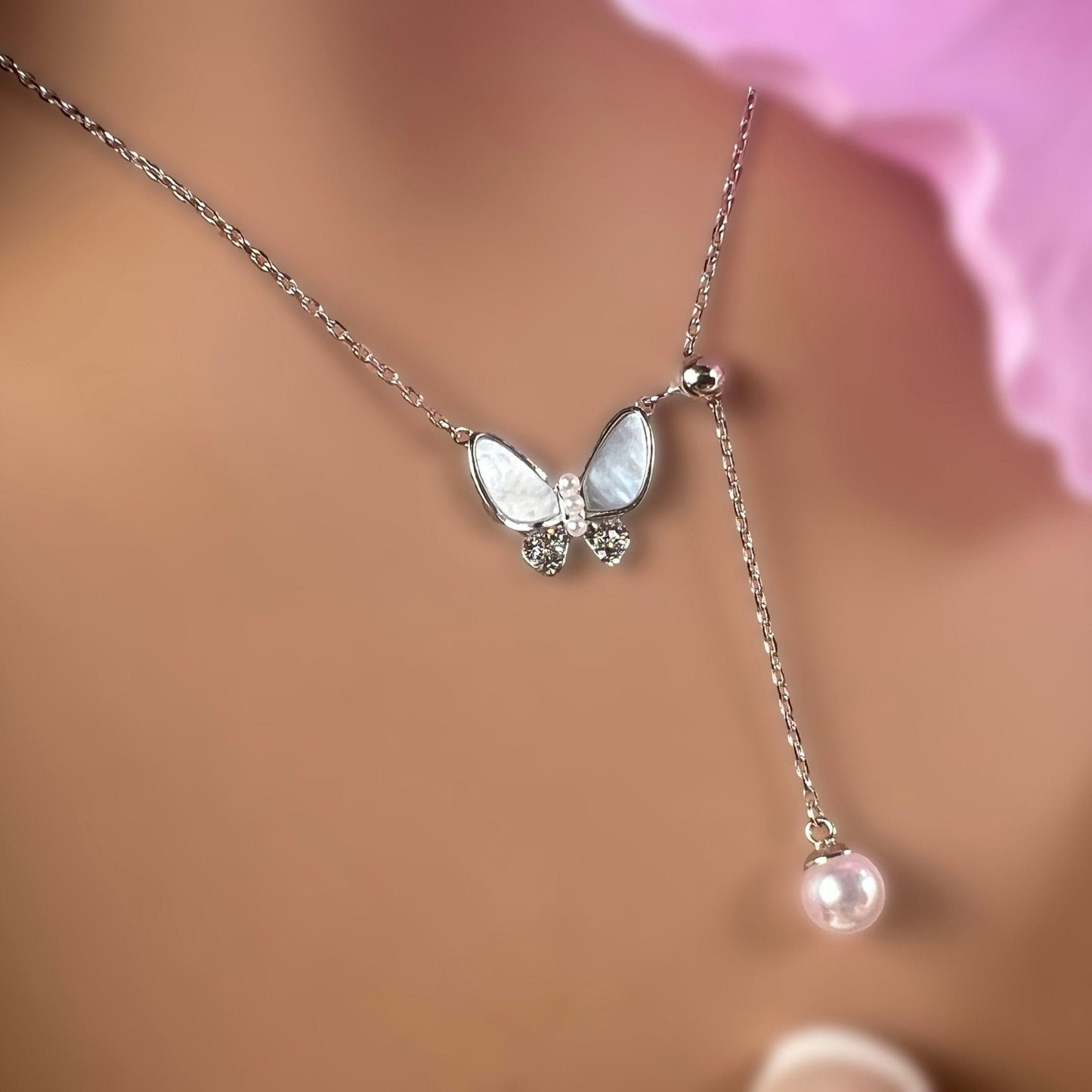 Butterfly Lariat Pearl Necklace 3