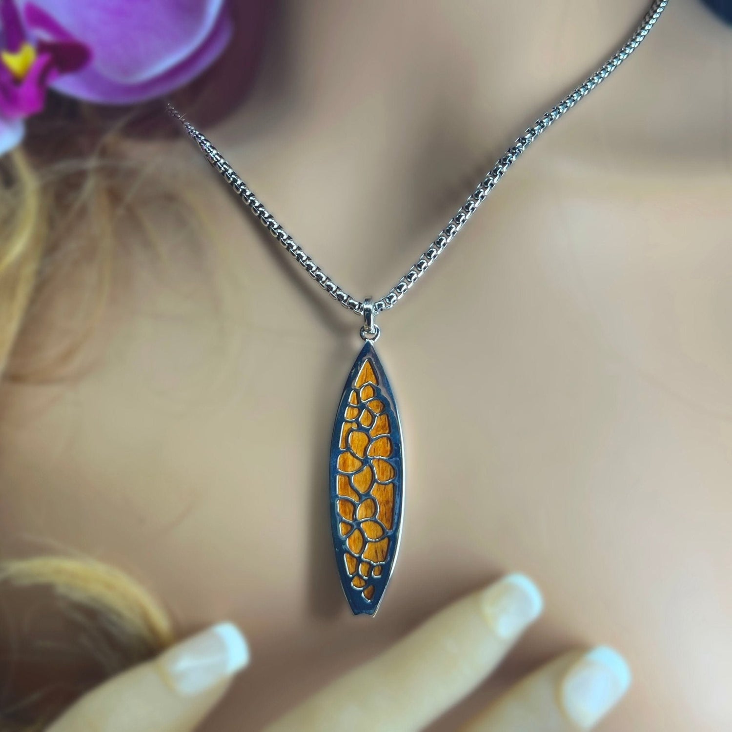 Melia Koa Plumeria Surfboard Pendant 3