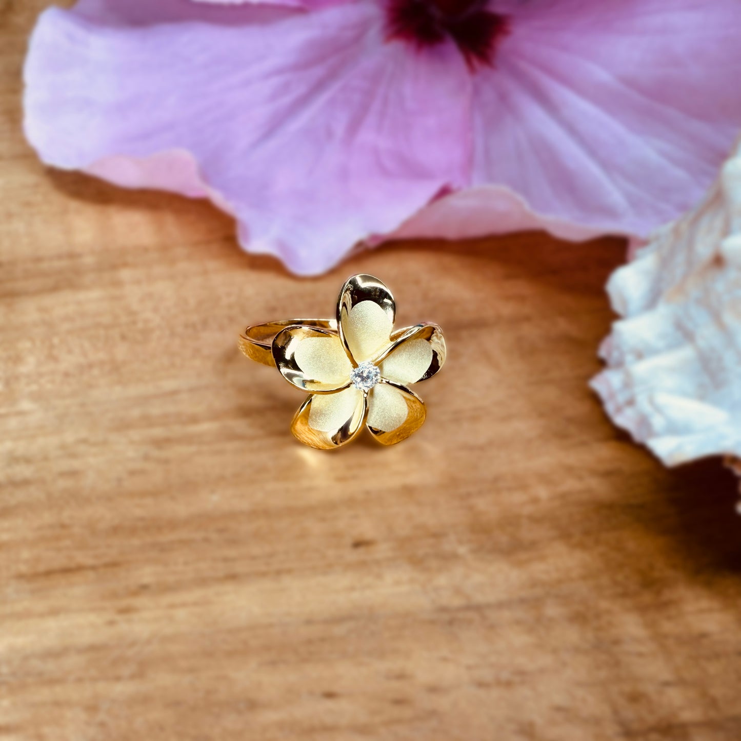 Nui Solitaire CZ Plumeria Ring