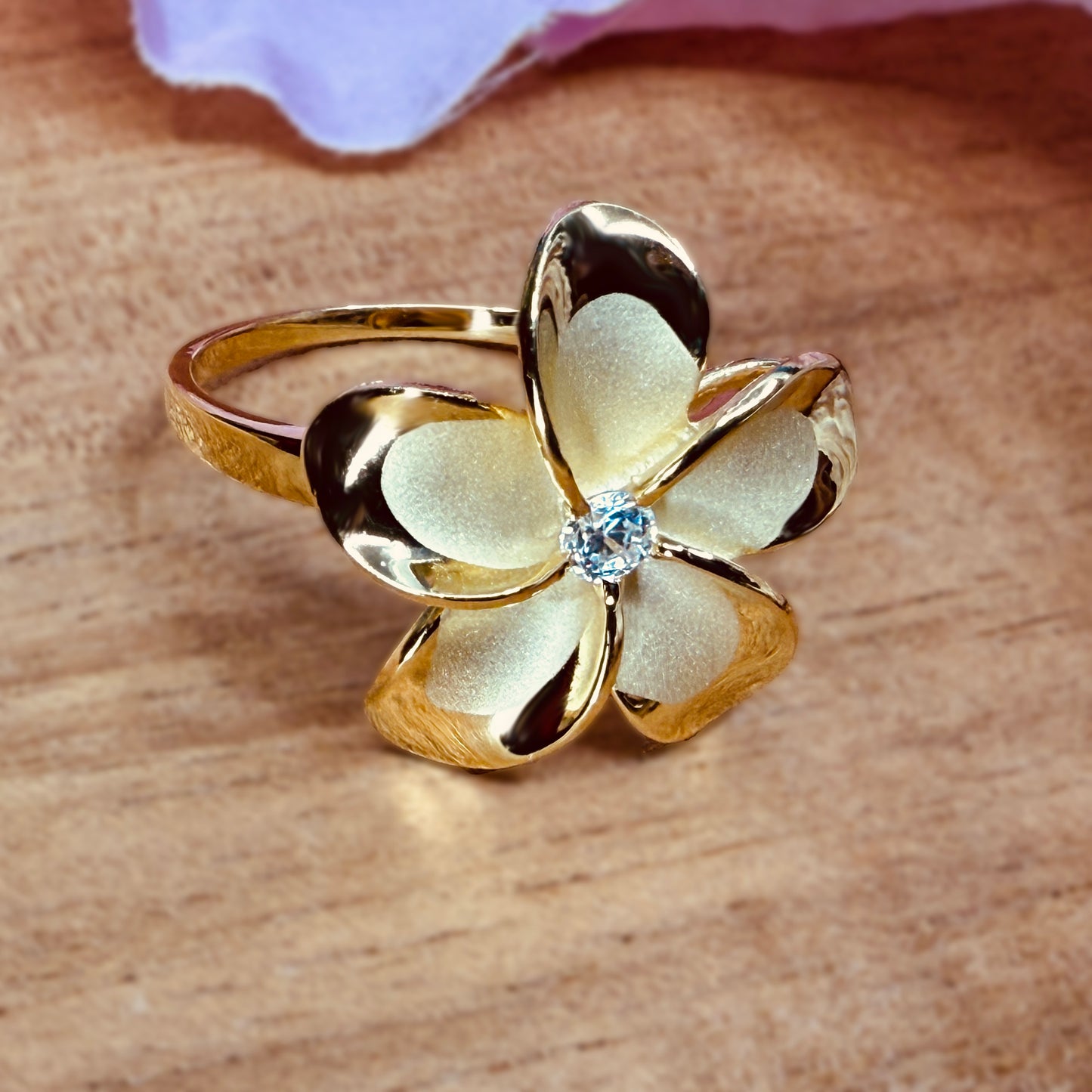 Nui Solitaire Cubic Zirconia Plumeria Ring