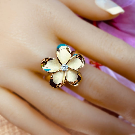 Nui Solitaire Cubic Zirconia Plumeria Ring