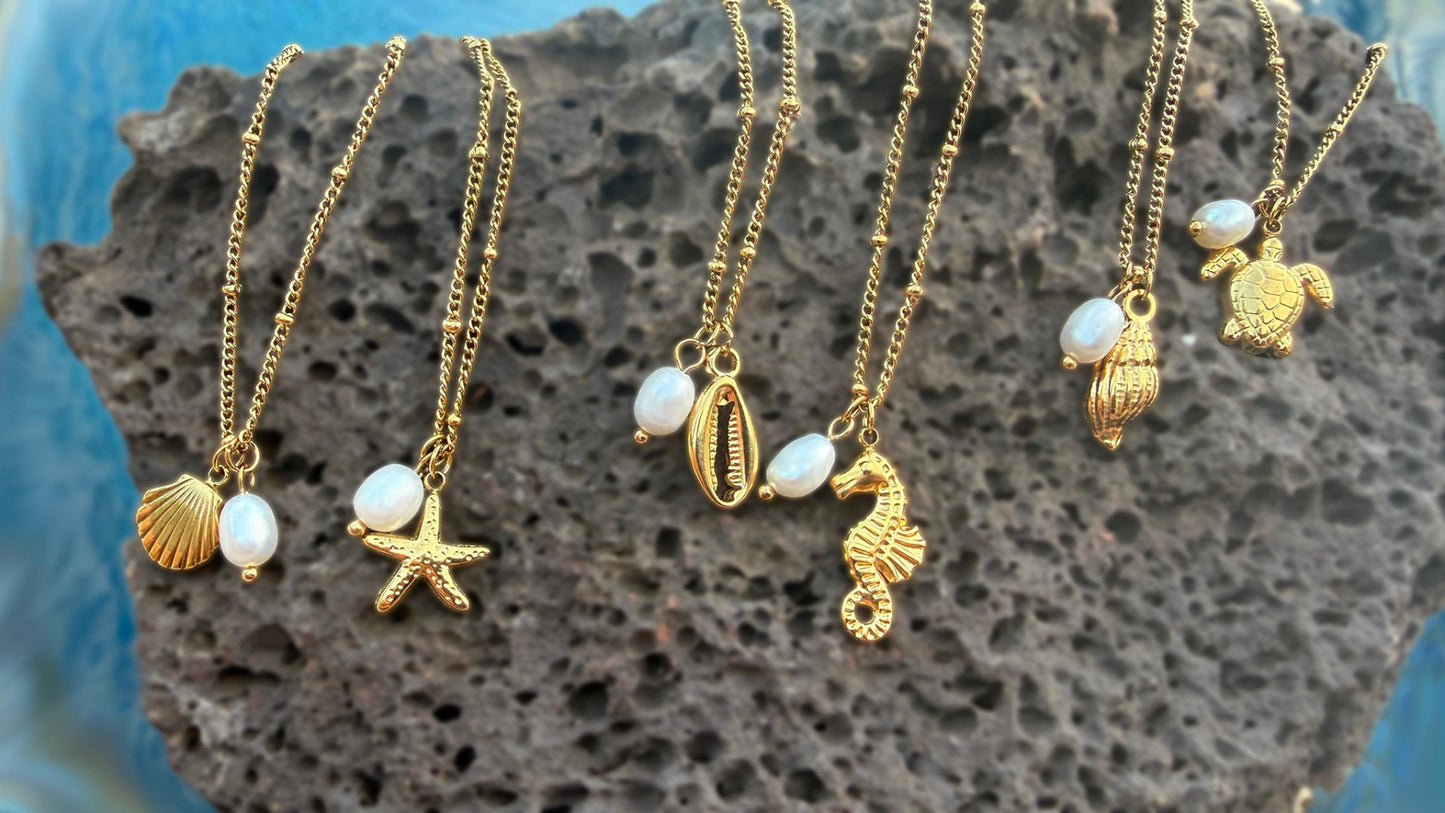 Set of 2 Kahakai Pearl Sea Charm & Shell Necklaces