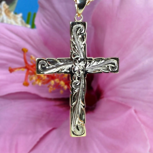 Hawaiian Scroll Cutout Cross in Maile or Heritage Scroll w/Chain