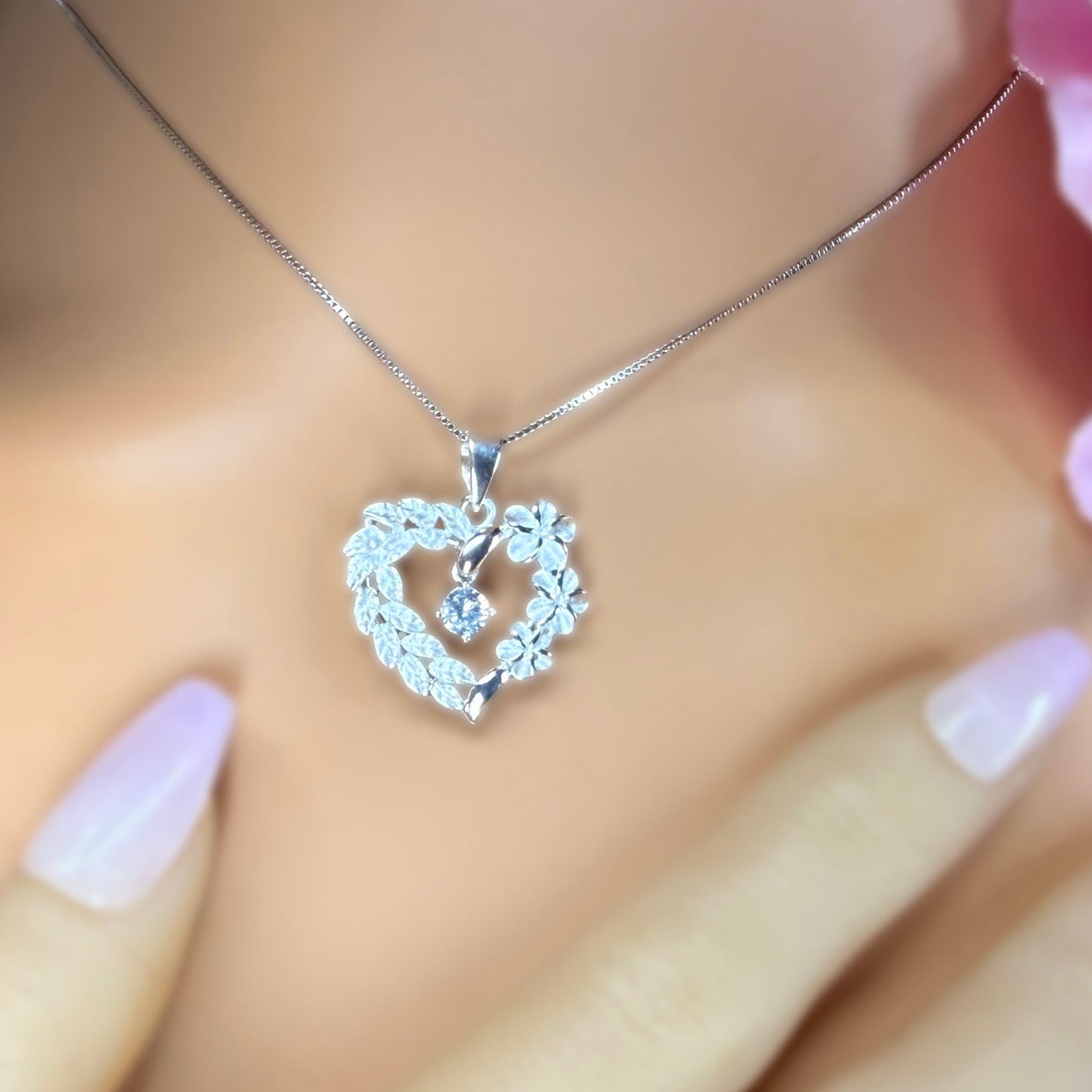 Maile Plumeria Cubic Zirconia Heart Pendant