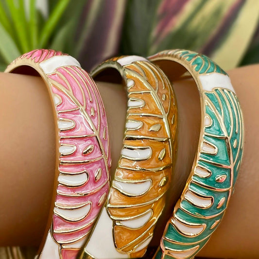 Maika`i Monstera Leaf Enameled Bangle (Set of 3)