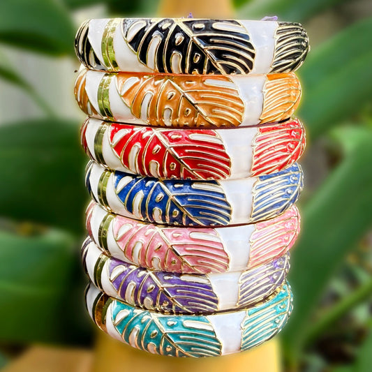 Maika`i Monstera Leaf Enameled Bangle (Set of 3)