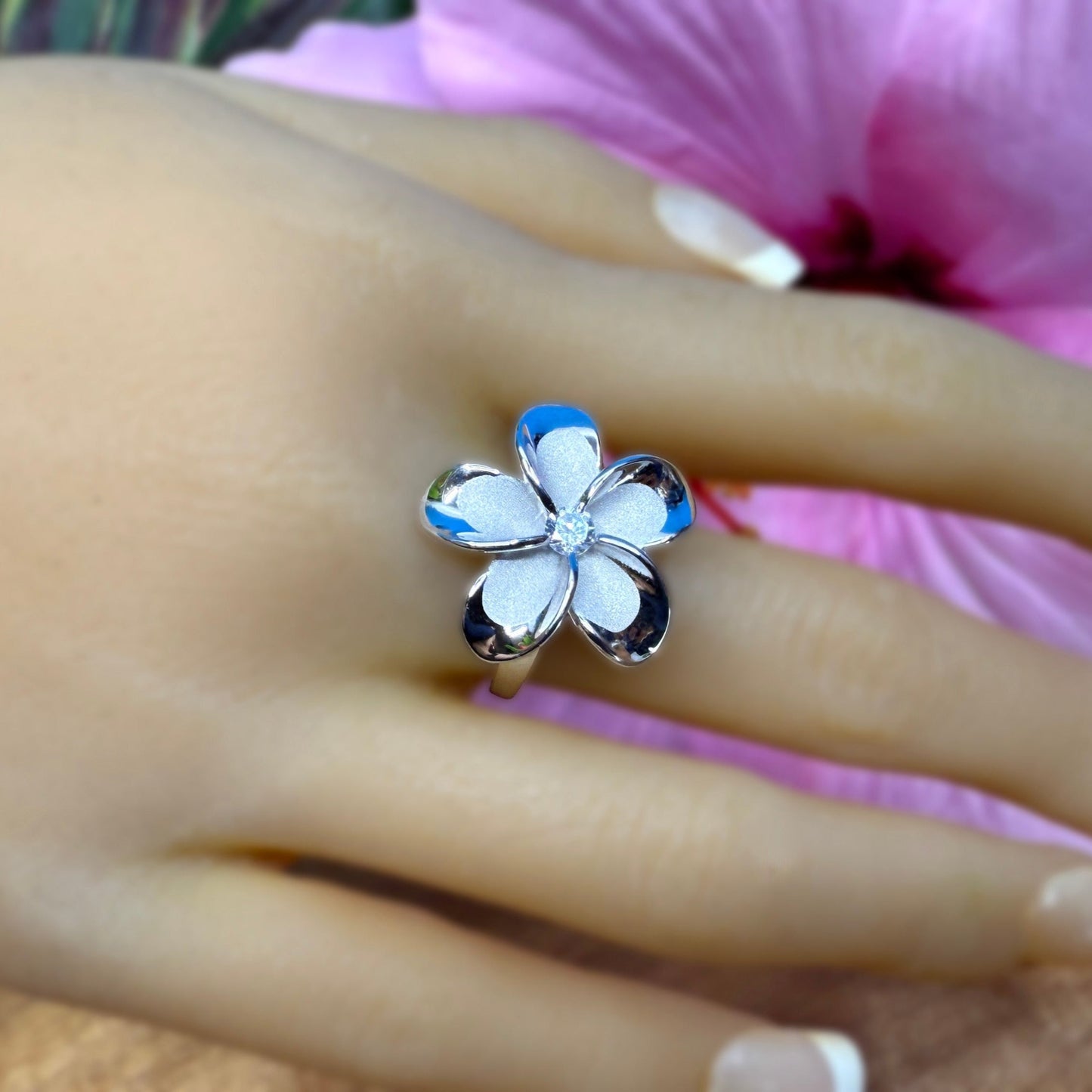 Nui Solitaire CZ Plumeria Ring