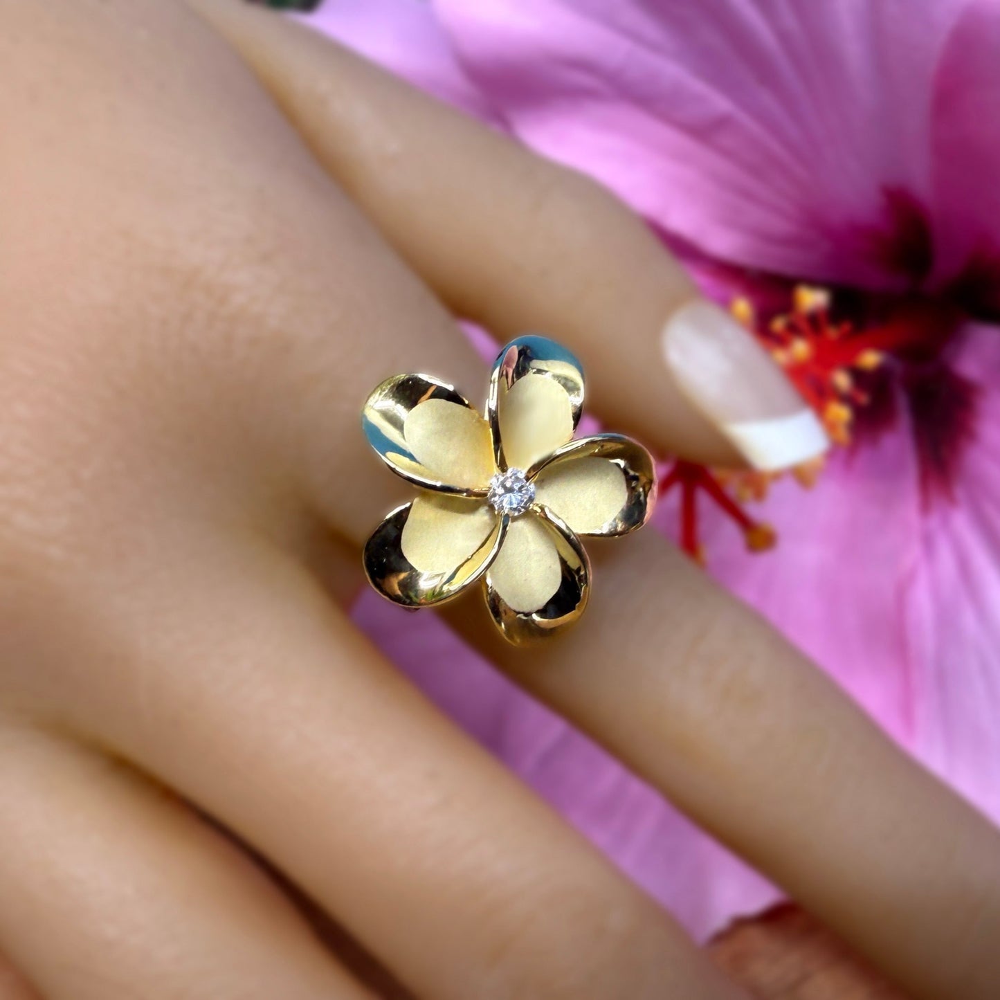 Nui Solitaire CZ Plumeria Ring