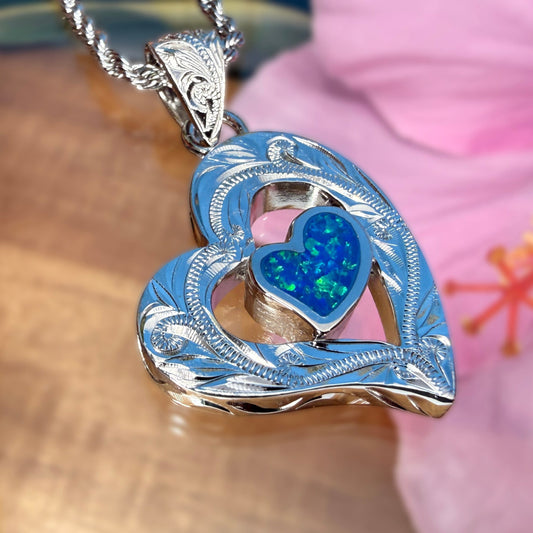 ʻElua Double Heart Opalite Hawaiian Scroll Pendant