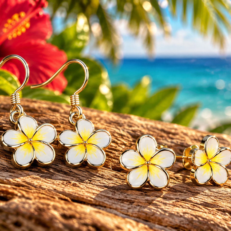 Gold-plated flower earrings and matching stud earrings featuring white and yellow plumeria blossoms, displayed on a rustic wooden surface with a tropical beach and ocean background.