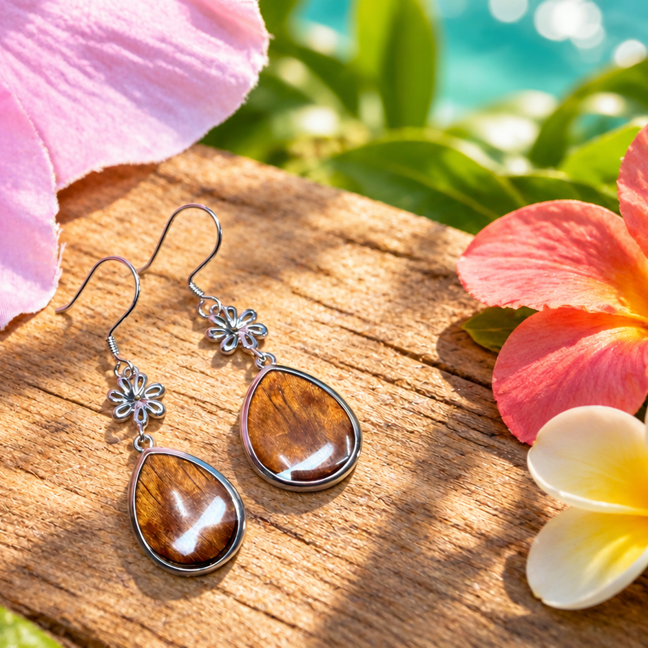 A pair of silver dangle earrings with teardrop-shaped brown tiger's eye stones, displayed on a wooden surface surrounded by tropical flowers and green leaves.