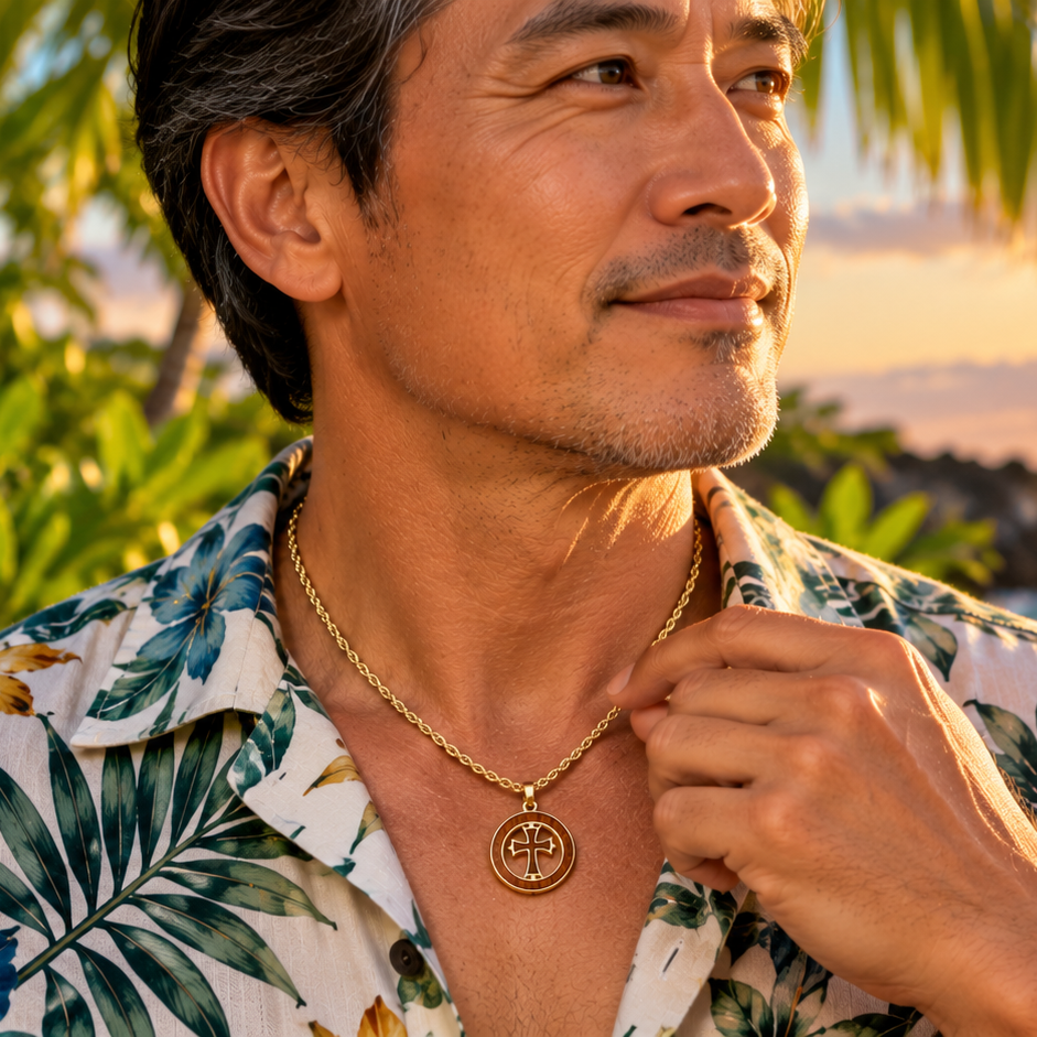 A man wearing a gold circular pendant necklace with a palm tree design, styled with a tropical leaf print button-down shirt, set against a warm sunset beach background.